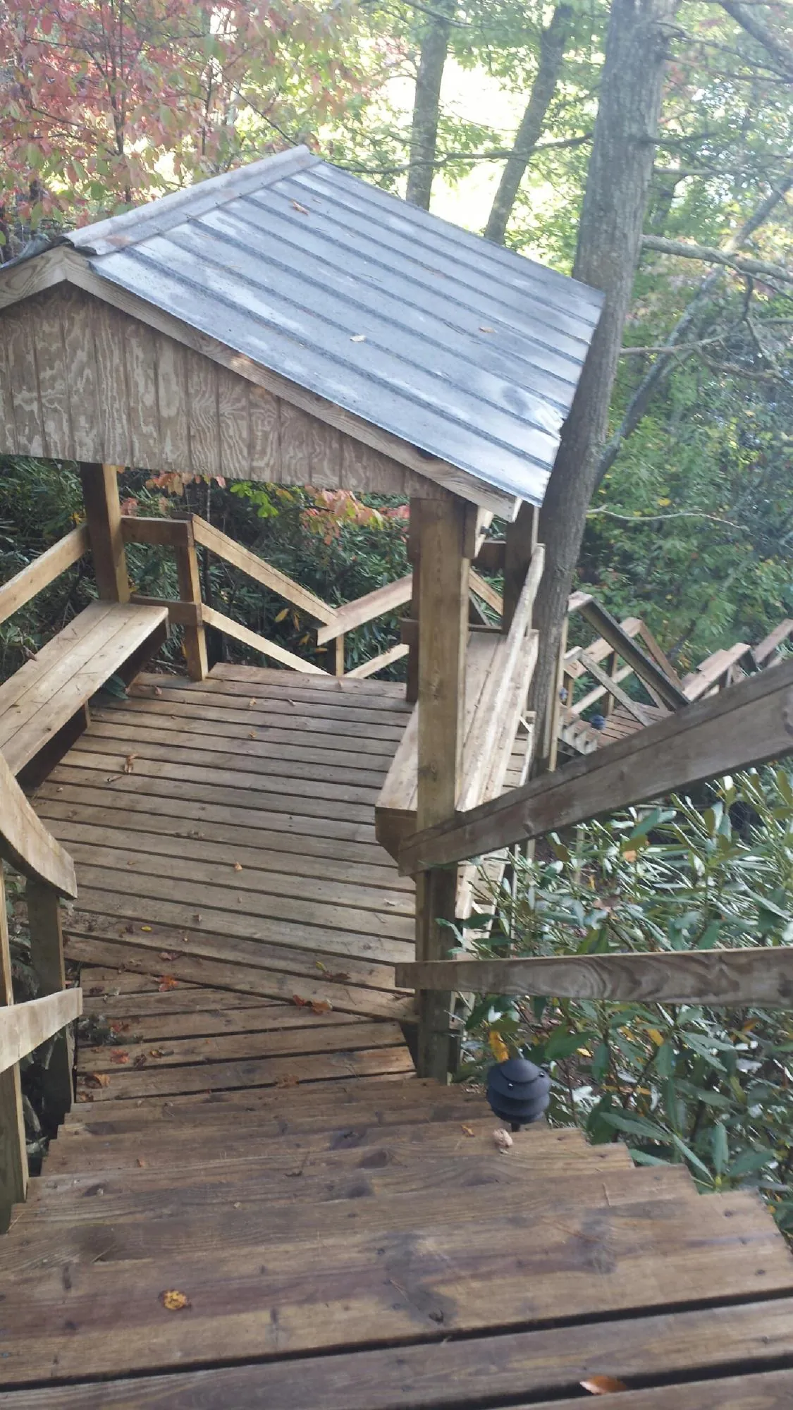 Metal roofed shelter over wooden steps on a wooded walkway — Skylight Repair & Installation work by our crew in Tazewell